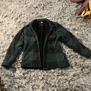 So comfy green and black flannel jacket with a soft black fleece interior